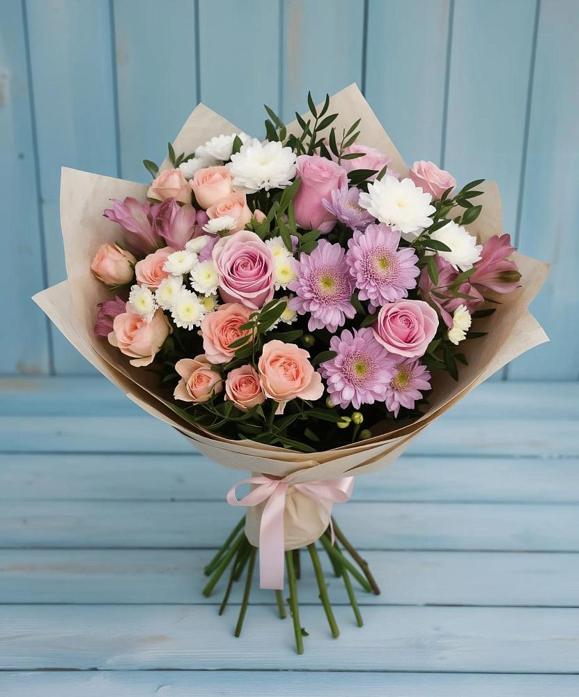 Букет цветов из: Хризантемы, Розы и Альстромерии в Малояз