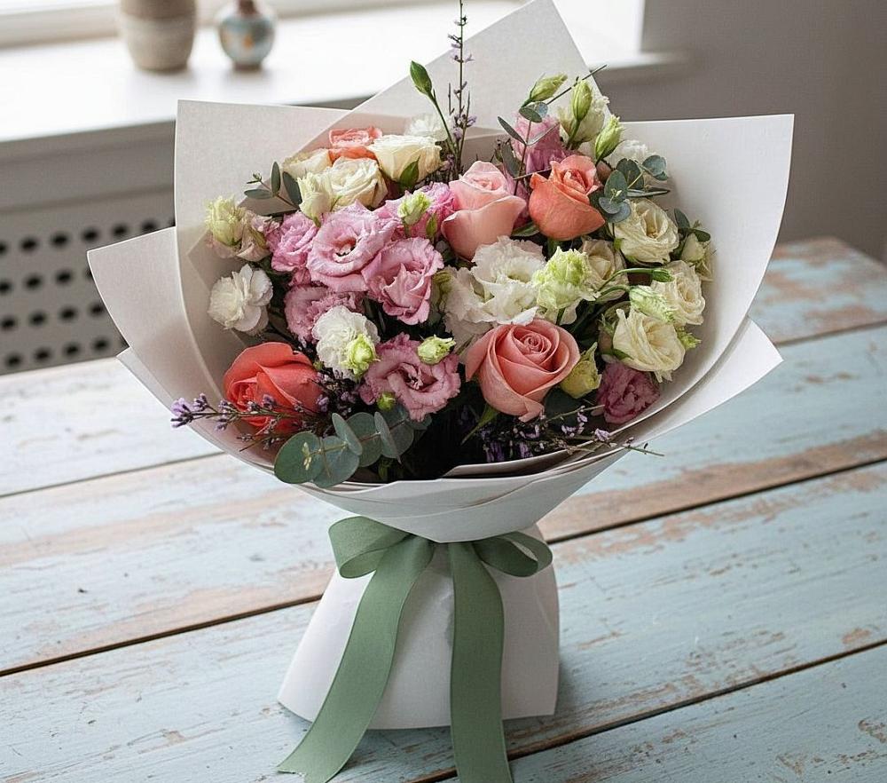 Букет цветов из: Розы, Лизиантусы и Гвоздики в Малояз