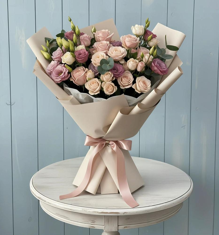 Букет цветов из: Розы и Лизиантусы в Малояз