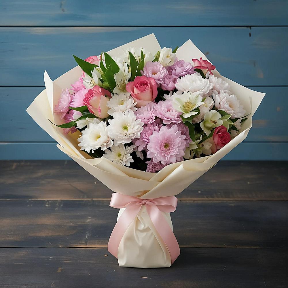 Букет цветов из: Хризантемы, Альстромерии и Розы в Малояз